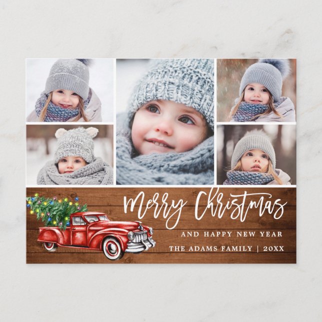 Retro jul Red Lastbil Rustic 5 PHOTO Hälsning Vykort (Framsida)