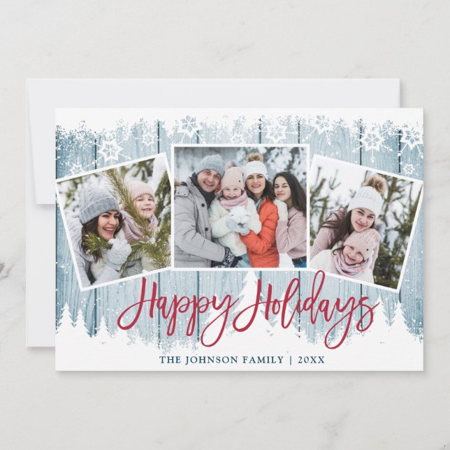 Retro jul Rustic Blue Wood 3 PHOTO Hälsning Julkort (Framsida)