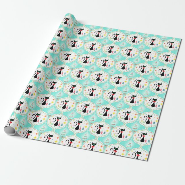 Retro jul siamesisk katt Ogee-mönster Presentpapper (Utrullad)