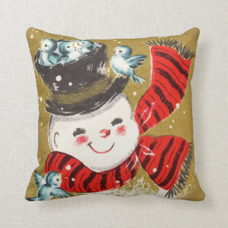 Retro jul snögubbe och fåglar för vintage kudde