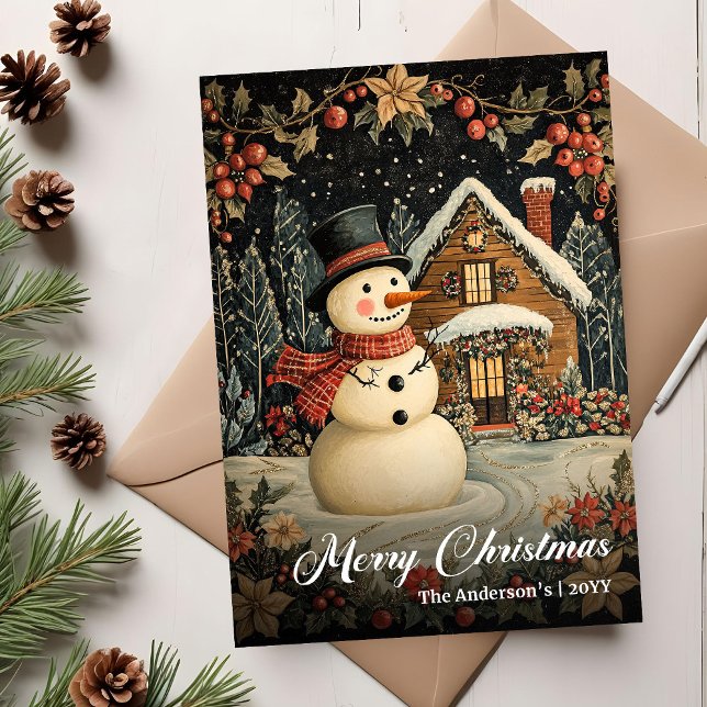 Retro jul snömannen utskrivbar hälsningskort julkort (Retro Christmas Snowman Printable Greeting Card)