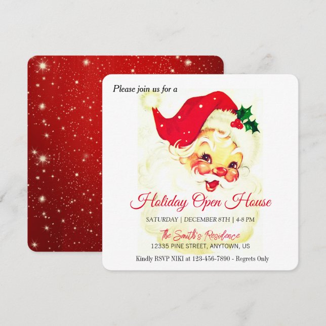 Retro Jul Tomte firande, Öppet hus Julkort (Fram/baksida)