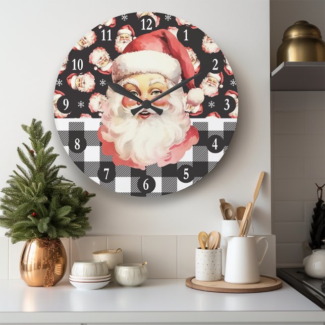 Retro Jul Tomte Svart Och Vitt Rutigt Jul Stor Klocka (Skapare uppladdad)
