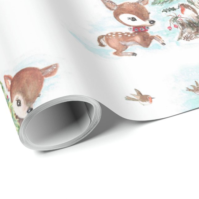 Retro jul Vattenfärg Skogsdjur Wrap Presentpapper (Rullad Hörn)
