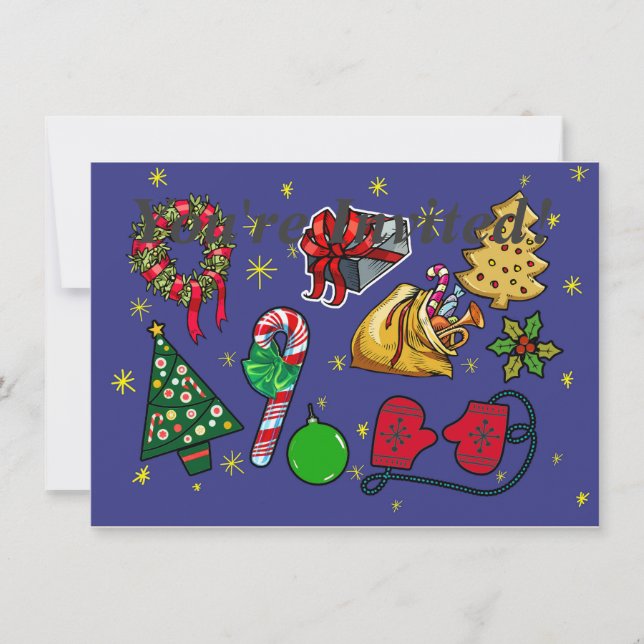 Retro jul vintage färgrik blå röd grön inbjudningar (Framsida)