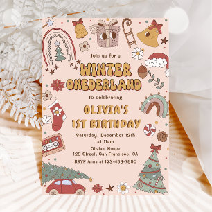 Retro jul Winter Onederland Första födelsedagen Inbjudningar