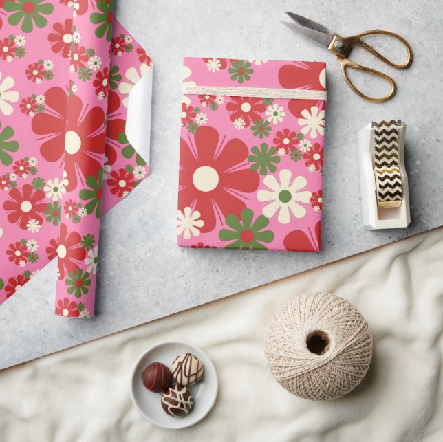 Retro-julblommor, 70-talets Blommigt på Rosa Presentpapper (Hantverk)
