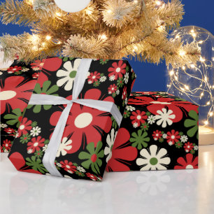 Retro-julblommor, 70-talets Blommigt på svart Presentpapper