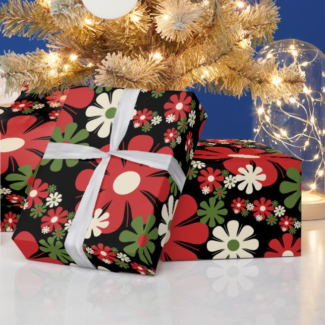 Retro-julblommor, 70-talets Blommigt på svart Presentpapper (Helgdagar)
