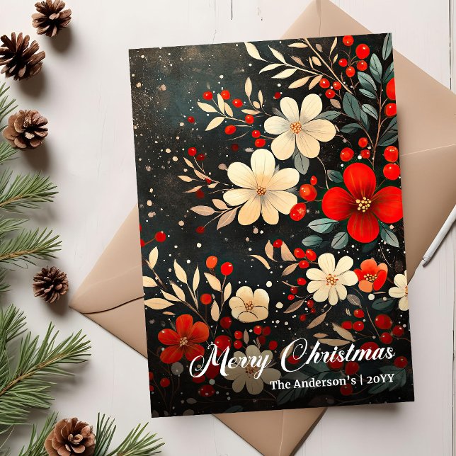 Retro julblommor semester utskrivbart hälsning julkort (Retro Christmas Flowers Holiday Printable Greeting)