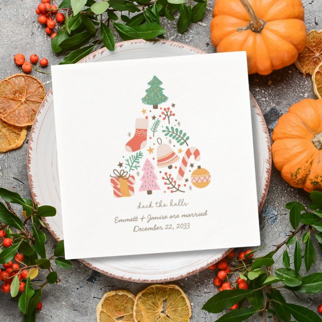 Retro julbröllop Illustrerad Dekorera salarna Pappersservett (Retro Christmas Wedding Napkin Illustrated Deck the Halls Napkins
)