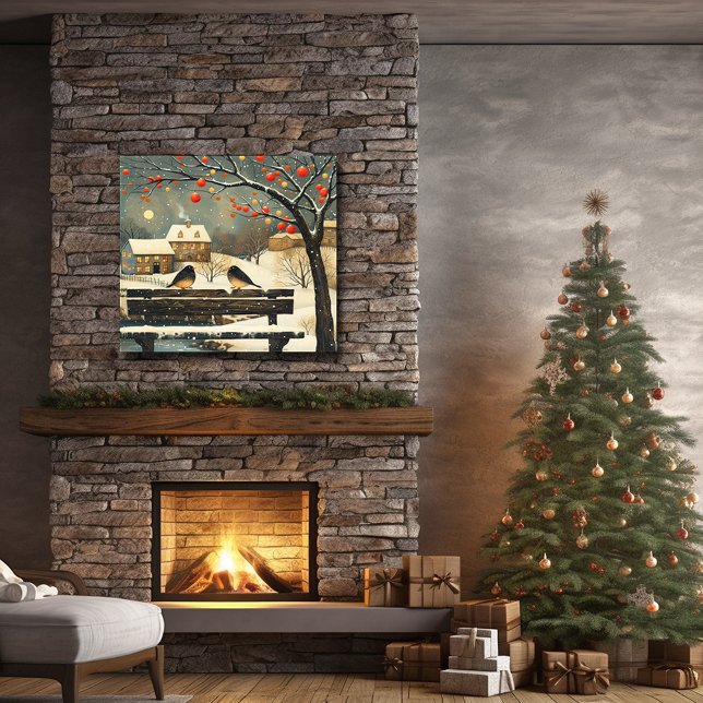 Retro julbyage Park Bench Birds Cottage Poster (Skapare uppladdad)