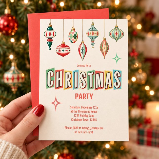 Retro juldekorationer Julfest Inbjudningar (Retro Christmas ornaments bring cheerful vintage style to this festive party invitation.
)