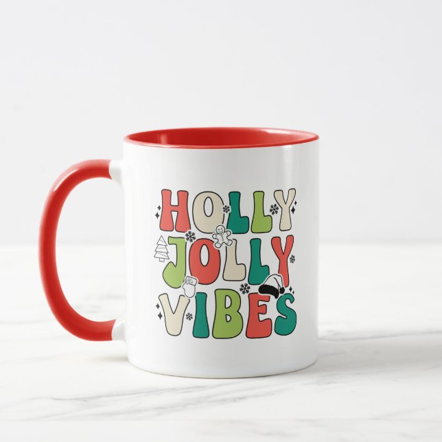 Retro-julet "Holly Jolly Vibes" citat kaffe Mugg (Vänster)