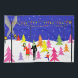 Retro julgranlantgårdkökshandduk kökshandduk<br><div class="desc">Denna Retro julgranlantgårdkökshandduk presenterar ett modernt mitt- århundrade, minimalist, tecknadfamiljen i sökande av det perfekta träd för att klippa. Designen visar mamman, pappan och junior i ett färgrikt, 60-talstil, julgranen mycket som ser något liknande som, det hör hemma i en televised helgdagsakkunnig. De görades tecken åt där av glöda, upplysande...</div>