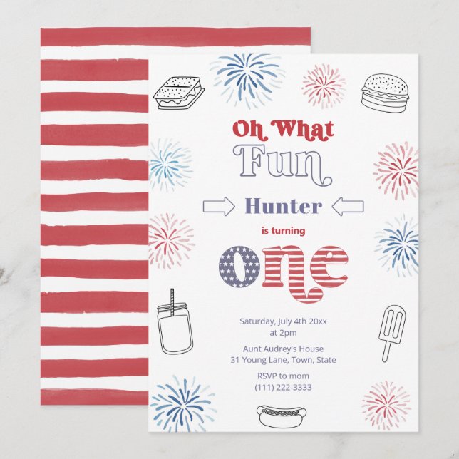 Retro juli 4:e Fireworks 1:a födelsedag Party Inbjudningar (Fram/baksida)