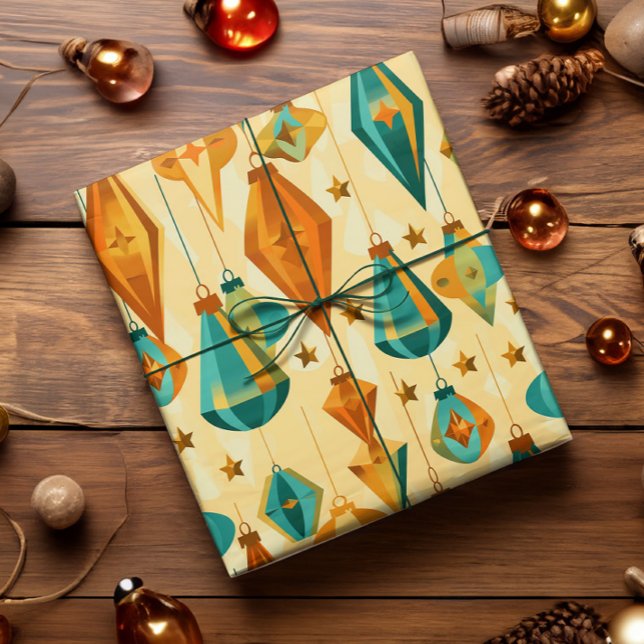 Retro-julklapp i mitten av århundradet presentpapper (Midcentury modern glass ornament and atomic star wrapping paper in copper and teal.)