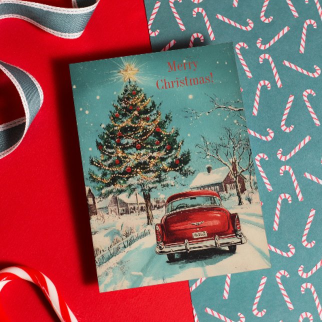 Retro Julklassiker Bil och Festlig Trädscen Julkort (Skapare uppladdad)