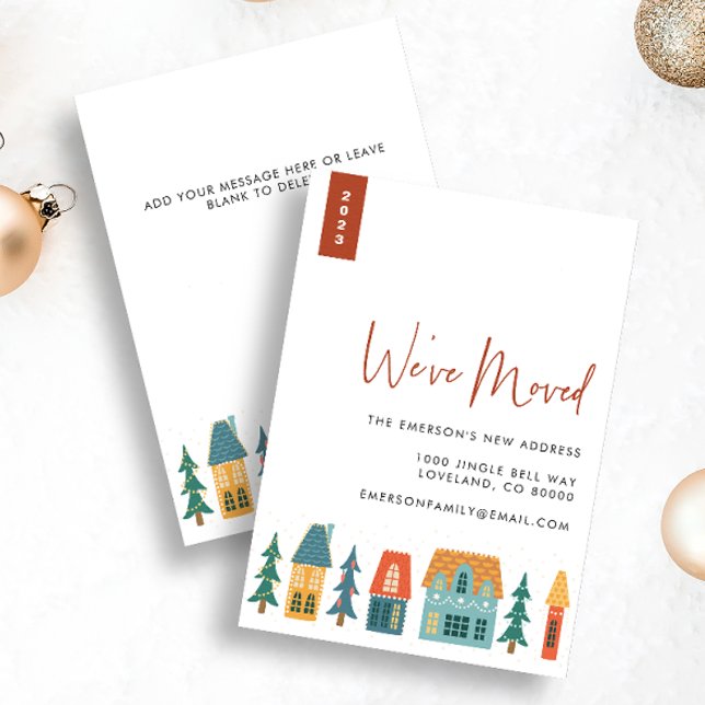 Retro julkort från det nya hemmet (2023 We've Moved Holiday Retro Houses Christmas Card with message on back)