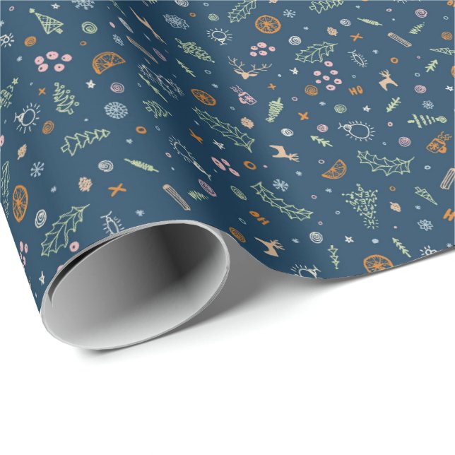 Retro julkritor kastade i djupt indigo blått presentpapper (Rullad Hörn)