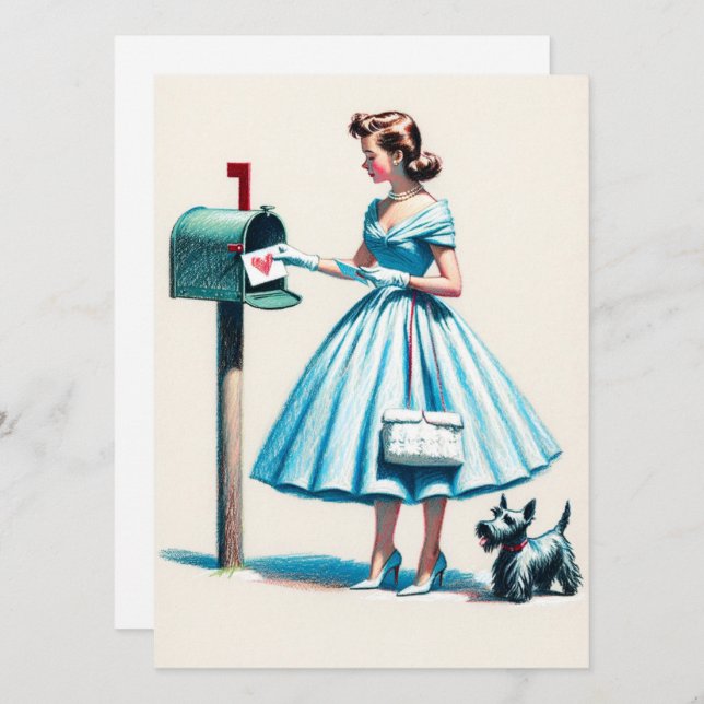 Retro-julkvinna med Hund-postlåda Julkort (Fram/baksida)