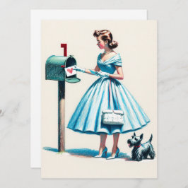 Retro-julkvinna med Hund-postlåda Julkort