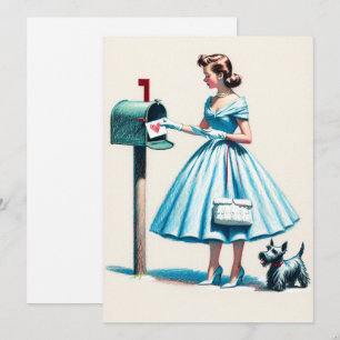 Retro-julkvinna med Hund-postlåda Julkort
