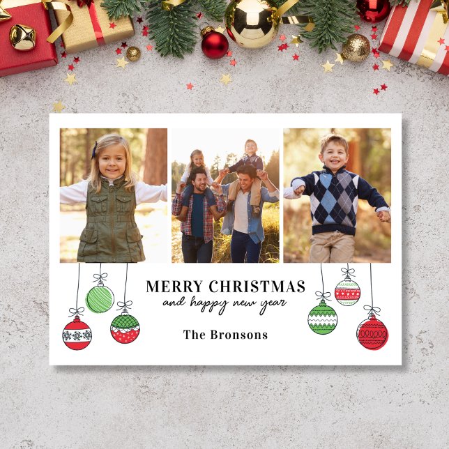 Retro-julprydnader Julkort (3 photo Christmas Card with ornament doodles)