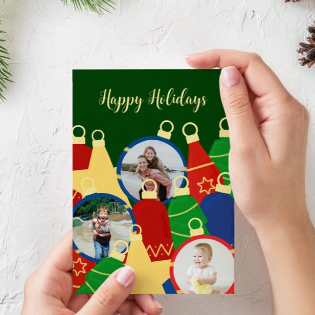 Retro julprydnadsföremål Foto Julkort (Retro custom christmas card with ornaments and your photos)