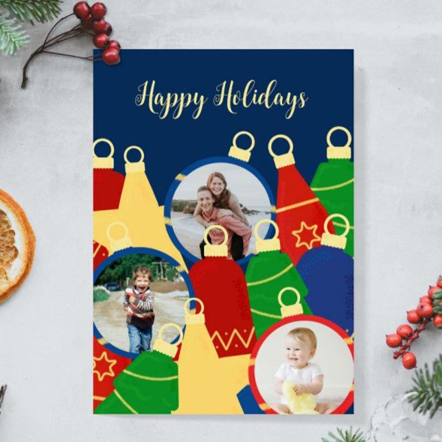 Retro julprydnadsföremål Foto Julkort (Retro Christmas ornaments custom card with your photos. Personalize it with your text and images.)