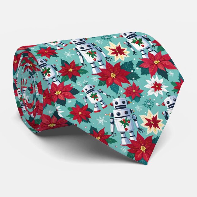 Retro-julrobots och Poinsettias Mint-Grönten Slips (Rullad)