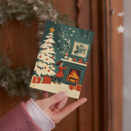 Retro-julscen Fireplace Kid Julkort