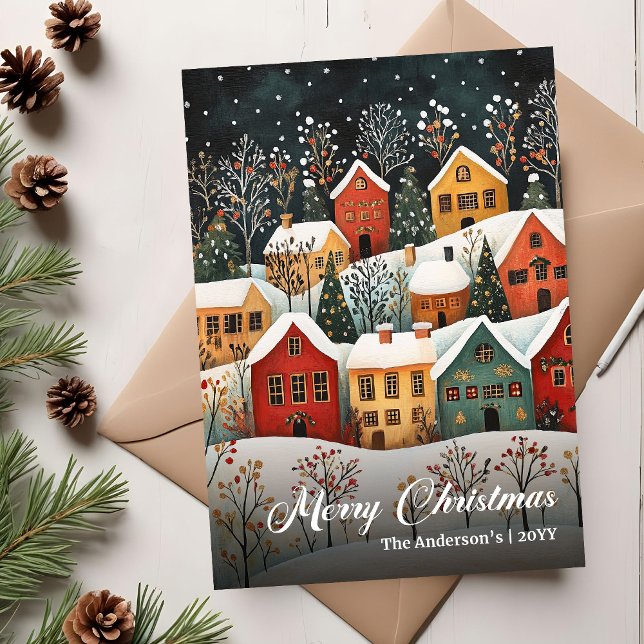 Retro julscen Högtidlig hälsningsmall Julkort (Retro Christmas Scene Holiday Greeting Template)