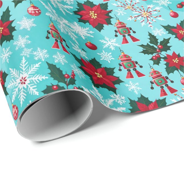 Retro-julsci-Fi Robots Ornaments Blue Presentpapper (Rullad Hörn)