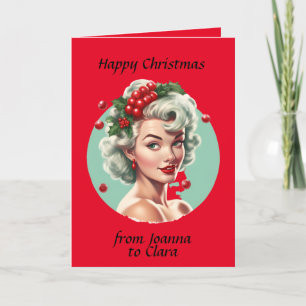Retro-julstappflicka på 1950-talet - björnbär helgkort