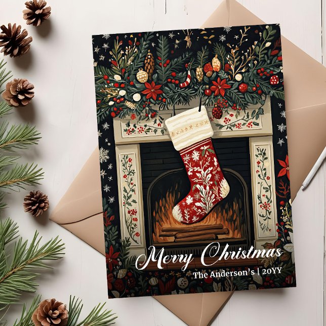 Retro julstrumpa redigerbar hösthälsning julkort (Retro Christmas Stocking Editable Holiday Greeting)
