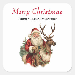 Retro Jultomten och Reindeer jul Fyrkantigt Klistermärke