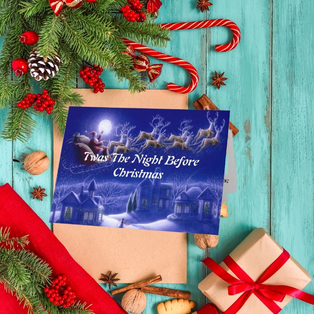 Retro Jultomten Reindeer Blue Måne Kort (Skapare uppladdad)