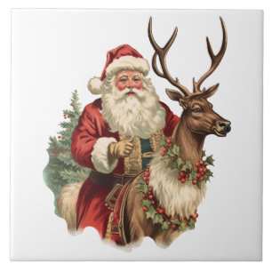 Retro Jultomten Riding a Reindeer Jul Kakelplatta
