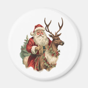 Retro Jultomten Riding a Reindeer Jul Magnet