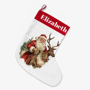 Retro Jultomten Riding a Reindeer Jul Stor Julstrumpa