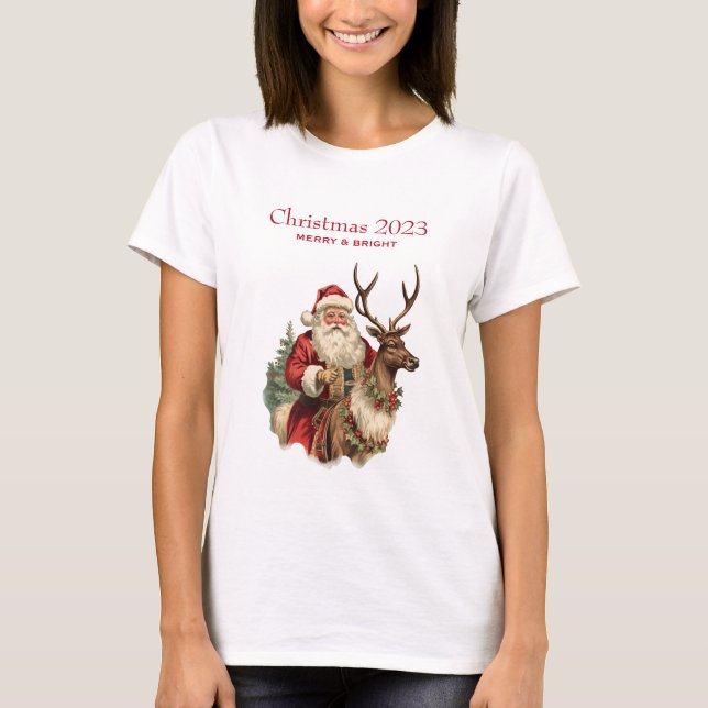 Retro Jultomten Riding a Reindeer Jul T Shirt (Framsida)