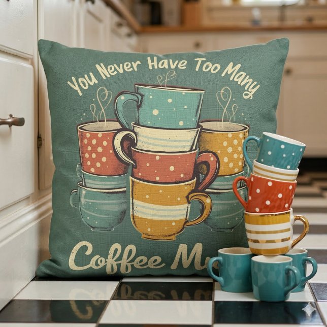 Retro Kaffemugg Stapel Illustration Kudde (Retro Coffee Mug Stack Illustration Throw Pillow With Stack of Mugs)