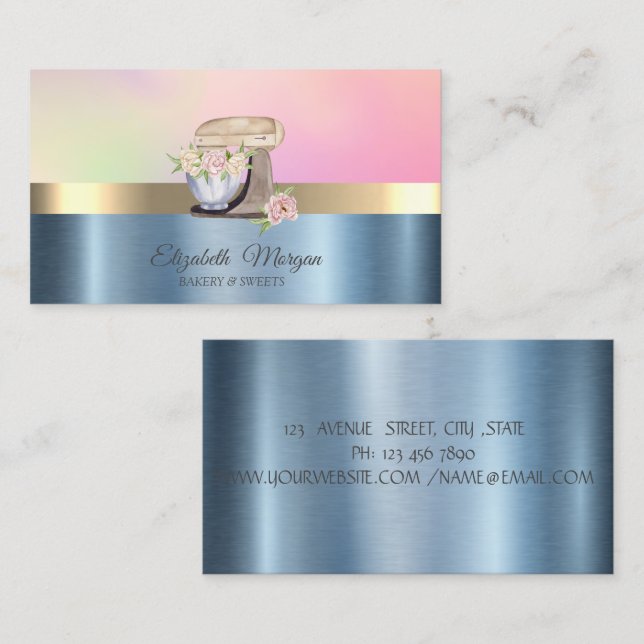 Retro Kakmixer Blomma Blå Metallisk Visitkort (Fram/baksida)