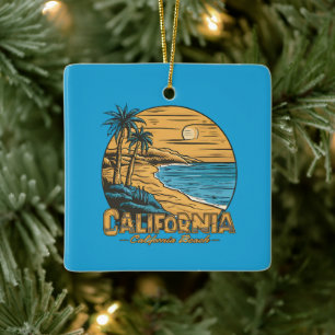 Retro Kalifornien Solnedgång Strand Scen Julgransprydnad Keramik
