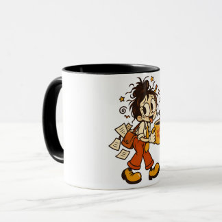 Retro kaotisk kontorsflicka med kaffesticker mugg