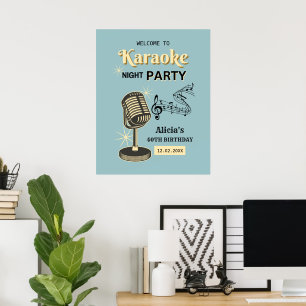 Retro Karaoke Night Party Teal & Cream Birthday Poster