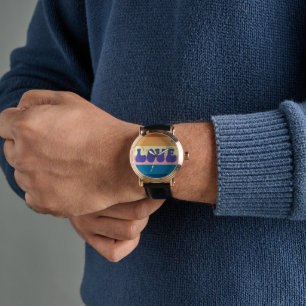 Retro Kärlek Typografi på Vintage Solnedgång Rand Armbandsur