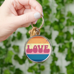 Retro Kärlek Typografi på Vintage Solnedgång Rand Rund Silverfärgad Nyckelring