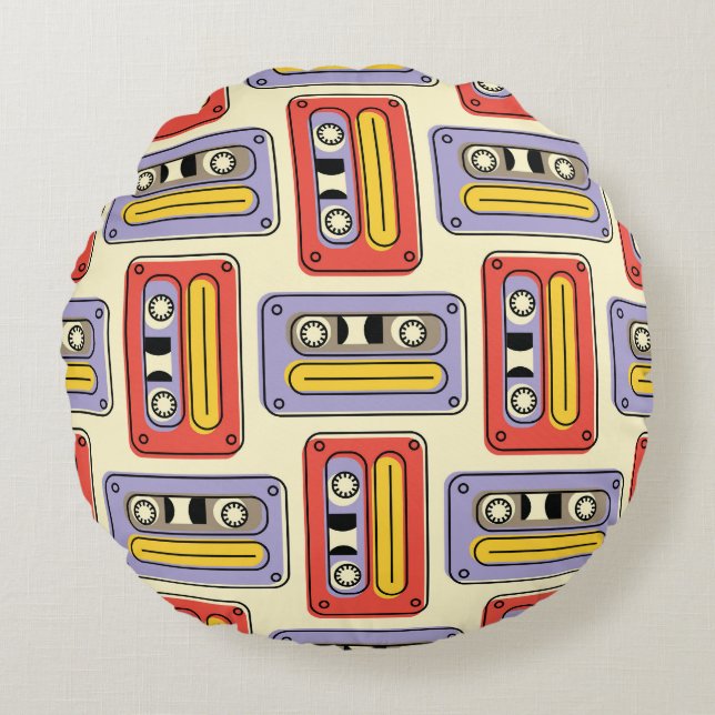 Retro-kassettband: sömlöst mönster. rund kudde (Framsidan)